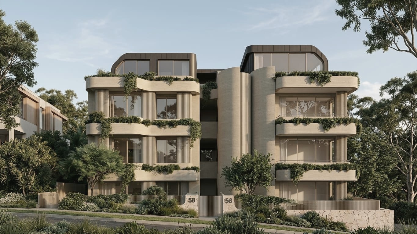 Coastal apartment building with curved balconies