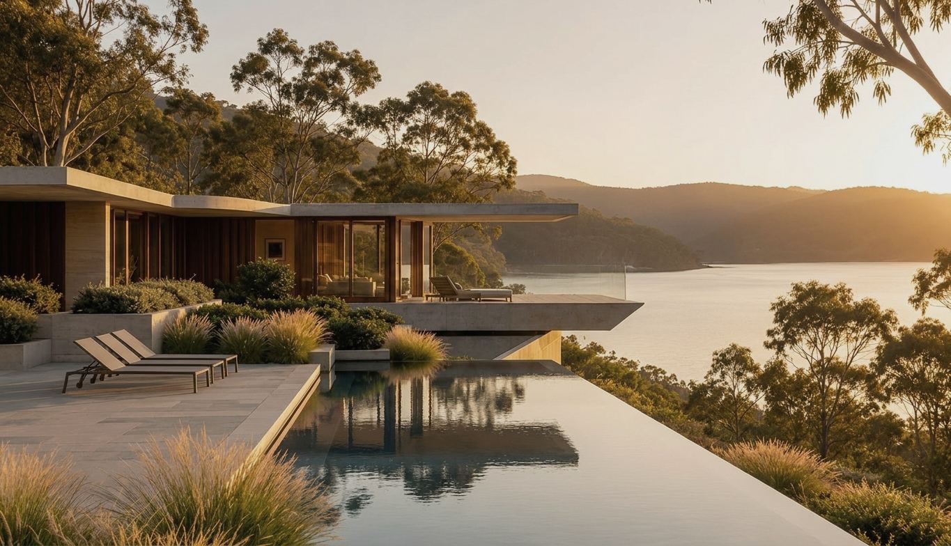 Hawkesbury Wellness: infinity pool meeting the bay at dusk