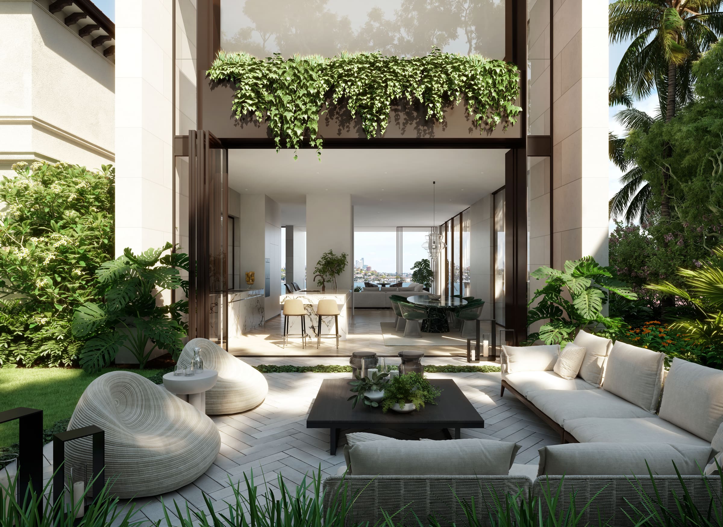 Living room opening to the harbour at dusk